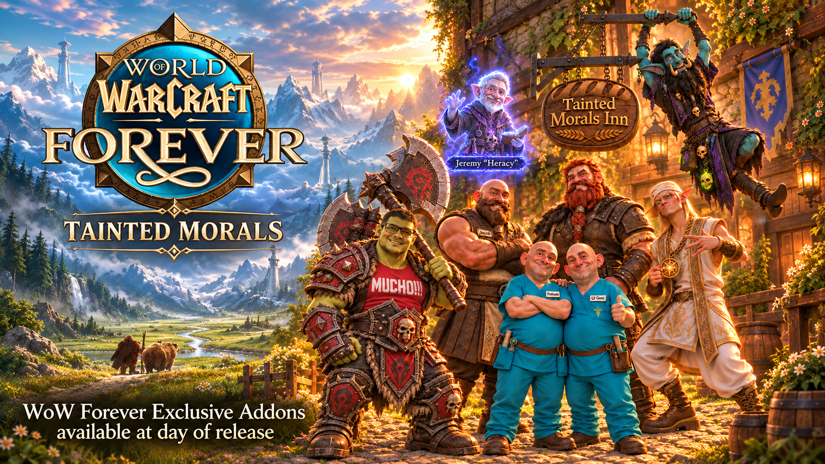 World of Warcraft Forever and the eight Tainted Morals members gathered at their inn. WoW Forever Exclusive Addons available at day of release